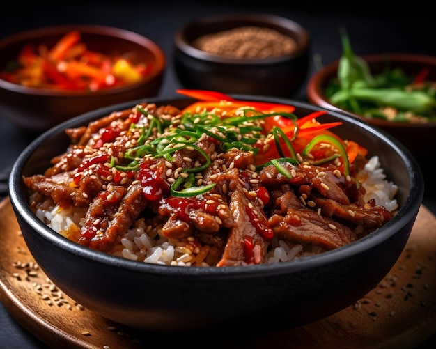 Savory and spicy bulgogi meat served with rice and kimchi Generative AI