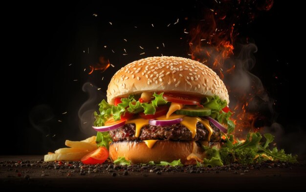 Savory spicy cheese burger on a black textured backdrop