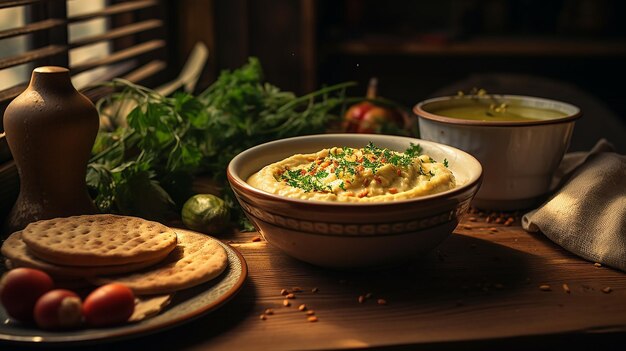 Savory Spread Hummus on a Clear and Sharp Wooden Table