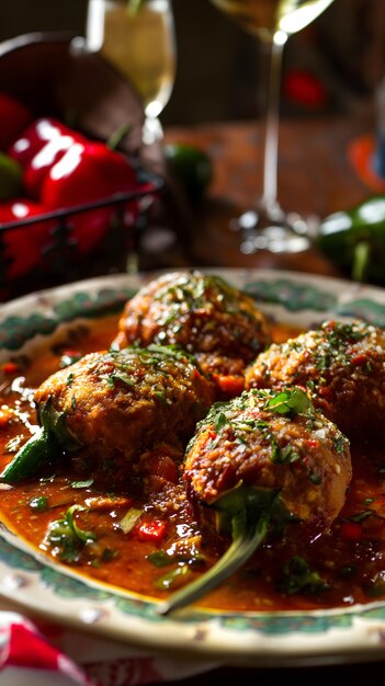 Savory Stuffed Poblano Peppers in Tomato Sauce on Wooden Table