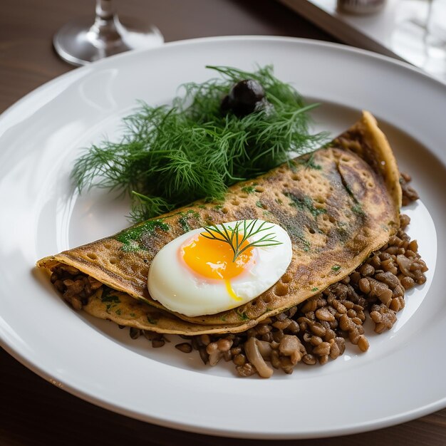 Savory symphony omelette filled with lentils and rye bread