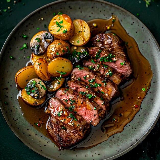 Photo savory wagyu steak slices with potatoes and mushrooms in rich sauce artfully plated on dark green background for food magazine created with generative ai technology