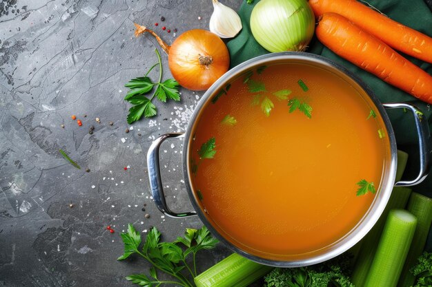 Savoury Hot Chicken Stock in Metal Stockpot Essential Basis Ingredient with Bones Carrots Celery