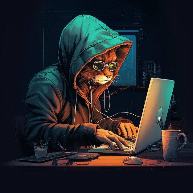 Созданная профессиональная иллюстрация кошачьего хакера
