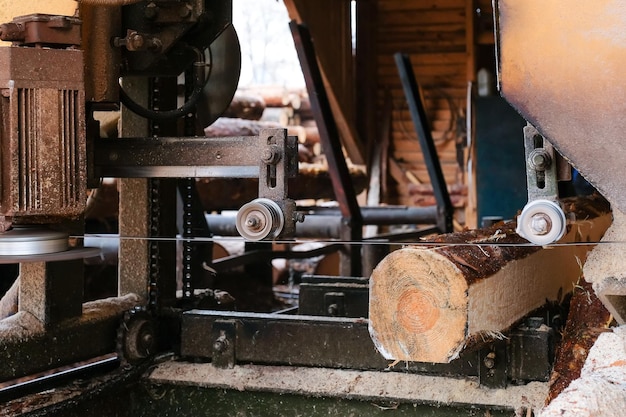 Sawing wood on old sawmill equipment closeup timber\
industry