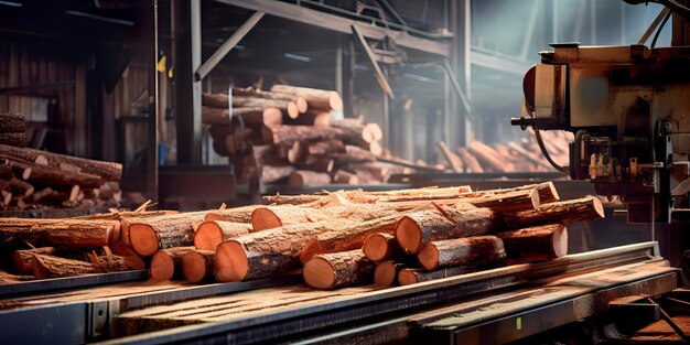 Photo sawmill with logs being cut into lumber by powerful machines