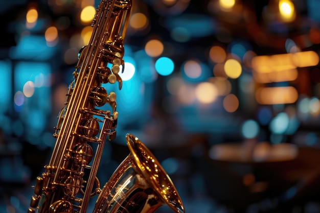 Saxofoon met glanzende messing afwerking die een levendige sfeer weerspiegelt, mogelijk in een jazzclub