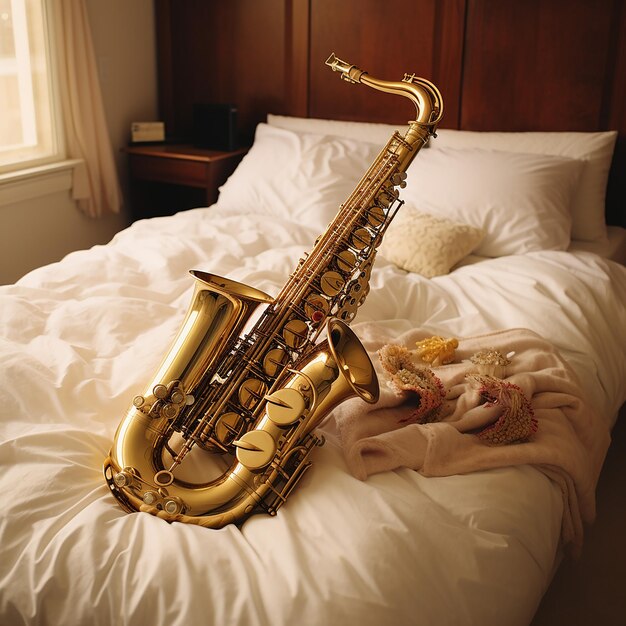 saxofoon op het bed geplaatst met een wit laken