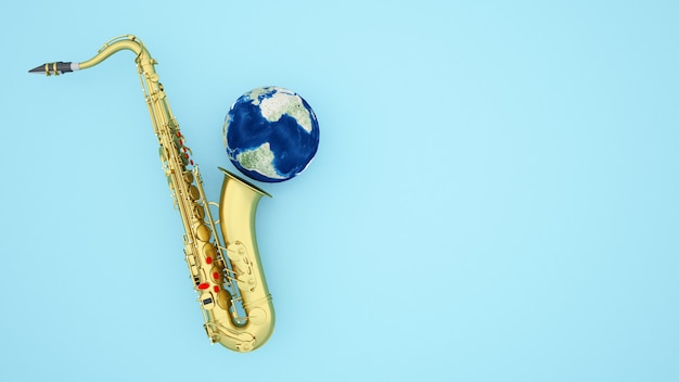 Saxophone and earth for artwork Jazz or Blues music on light blue - 3D Illustration