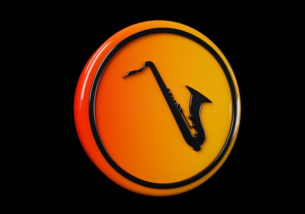 Saxophone media button buttons Shiny icon with yellow frame and with reflection  3d illustration on black background