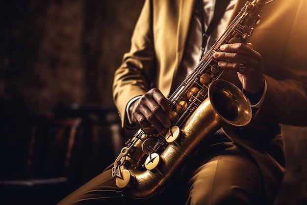 Photo saxophone player saxophonist playing jazz music instrument jazz musician playing sax alto generative ai