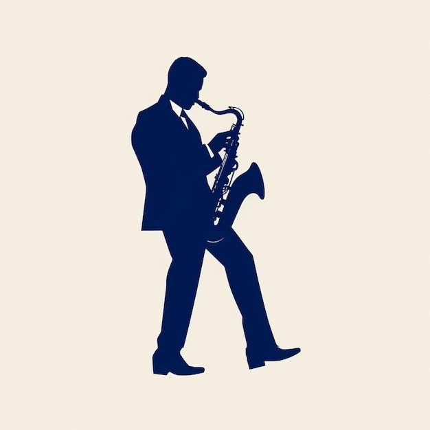 Photo saxophone player silhouette logo illustration in light navy and beige