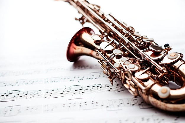 A saxophone rests on a sheet of music