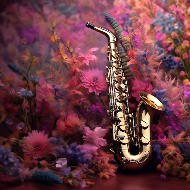 A saxophone and some flowers