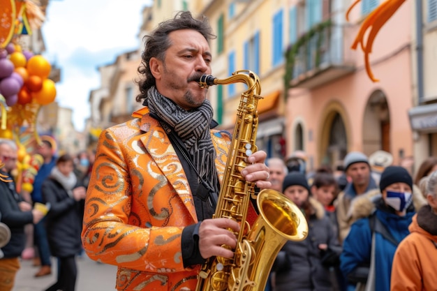 Саксофонист выступает на карнавале фестиваля лимона в Международный день джаза