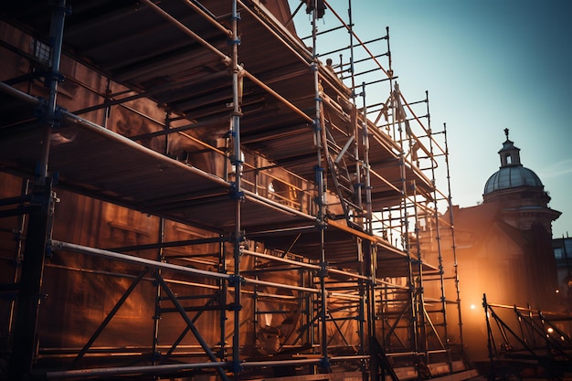 A scaffolding and a ladder in a sunny day