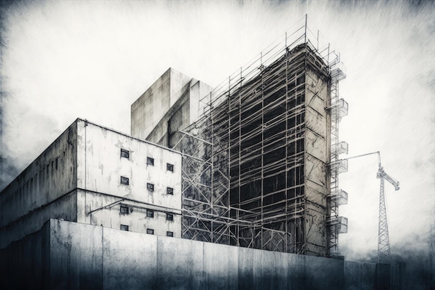 제너레이티브 AI로 생성된 건물과 콘크리트 벽에 높은 건물 근처의 비계