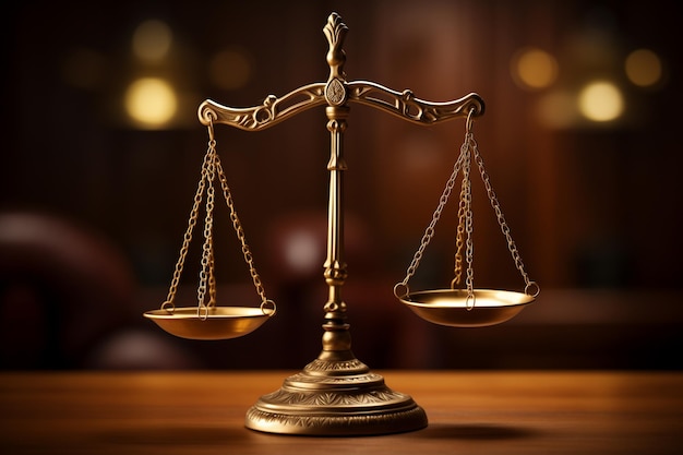 Scale of justice iconic legal symbo closeup blurred background