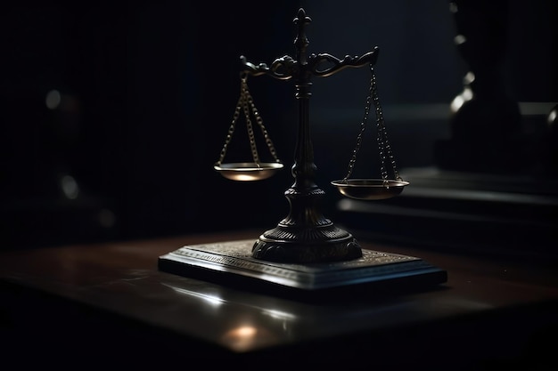 A scale of justice sits on a table in a dark room.