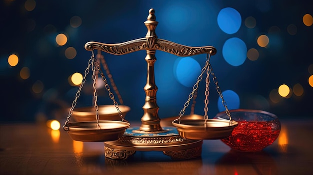 шкала справедливости на столе с голубыми огнями вокруг него в стиле светлого голубого неба