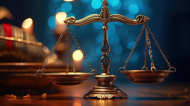 a scale of justice on a table with blue lights surrounding it in the style of light skyblue