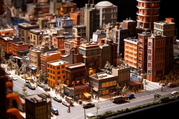 Масштабная модель города на фоне городского пейзажа.