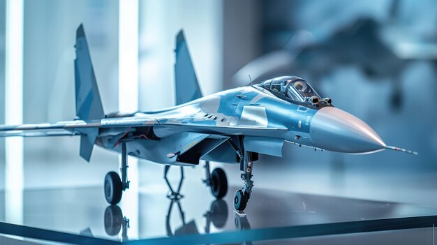 Scale model of a modern fighter jet with intricate details displayed on stand