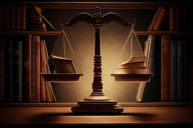 Фото Весы правосудия, одна сторона которых заполнена книгами, а другая пуста, чтобы представить справедливое судебное разбирательство.