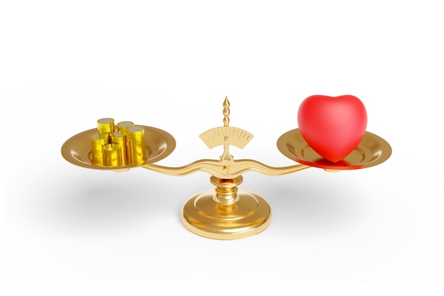 Scale with a heart and coins isolated on white surface. Love versus money concept.