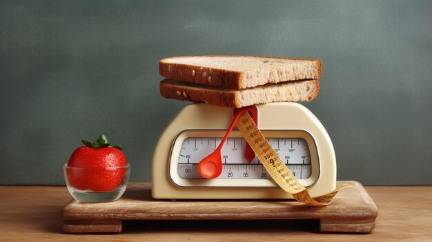 A scale with a measuring tape on it and a bowl of bread on it.