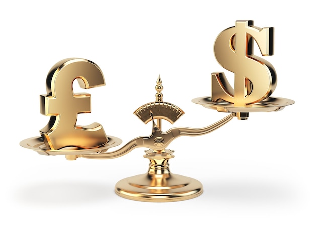 Фото Шкала с символами валют фунт стерлингов великобритании и доллар сша, изолированные на белом фоне