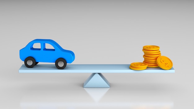 Scales of balance and choice of money or car. 3d render.