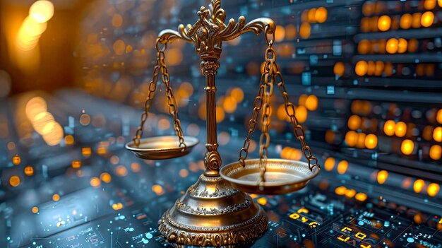 Scales of justice on abstract background with futuristic digital bokeh lights