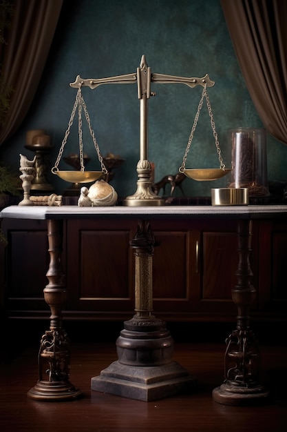 Весы правосудия на старинном столе, созданном с помощью генеративного ИИ