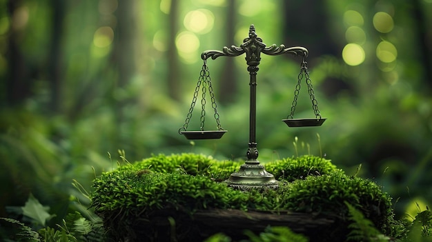 Photo the scales of justice are delicately balanced on a mossy forest floor