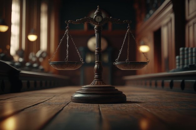 Весы правосудия на столе суда с размытым фоном AI