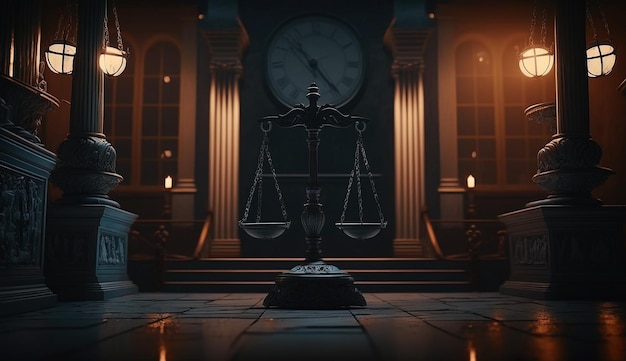 Scales of Justice in the dark Court Hall Law concept Generative AI