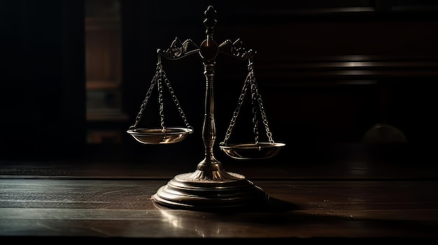 Весы правосудия в темноте Зал суда Концепция права судебной юриспруденции и правосудия AI Generate