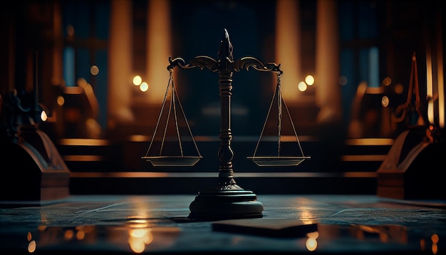 Весы правосудия в темном зале суда Законодательная концепция судебной юриспруденции и правосудия Генеративный ИИ
