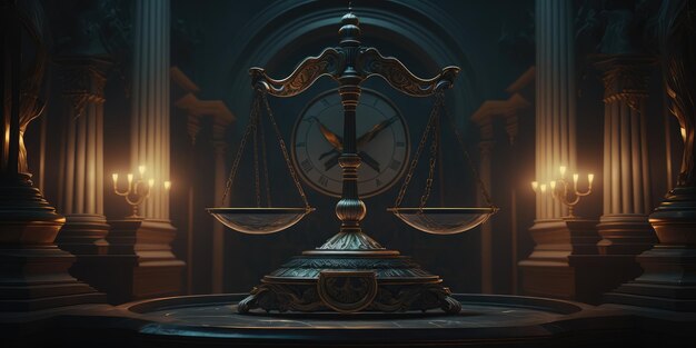 Scales of justice in the dark court hall law concept