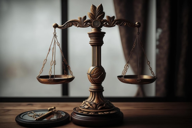 The scales of justice in detail on the table with an empty court of law in the background closeup