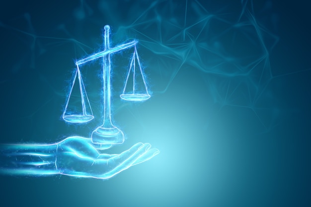 Scales of justice hologram on blue background. Judgment concept, court, judiciary. 3D render, 3D illustration.