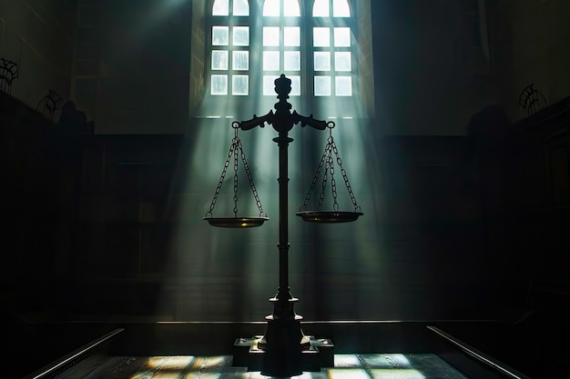 Scales of Justice placed in front of a window in a Court Hall