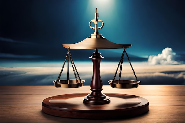 Scales of justice on a wooden table in the background