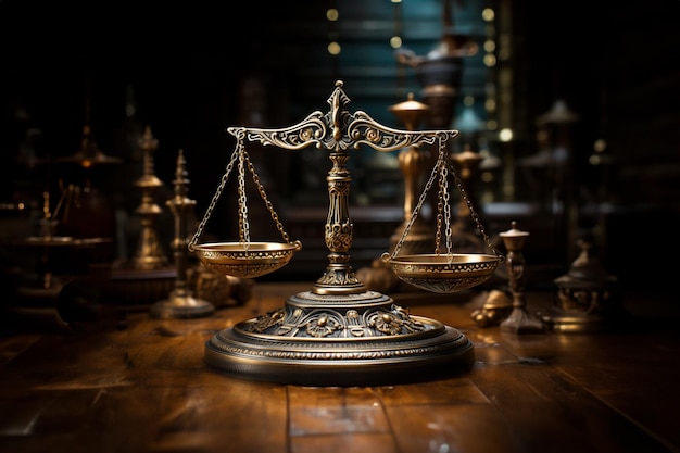 Scales of justice on wooden table Law and justice concept