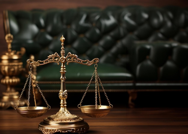 Scales of justice on wooden table Law and justice concept