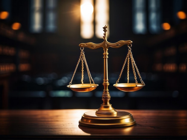 Scales of Justice in the dark Court Hall Concept van de rechterlijke macht Jurisprudentie en justitie