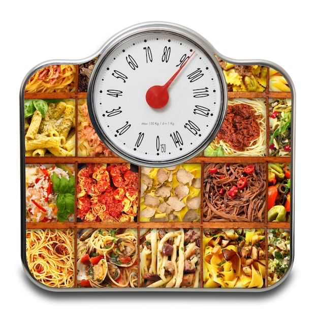 Scales for people with italian pasta on white 