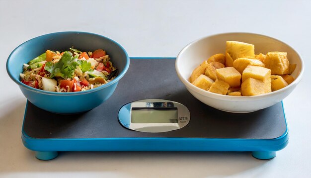 Scales for people with mix food on white background