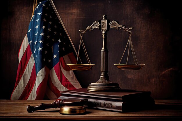 Scales with a judges gavel and book of law against a backdrop of the american flag